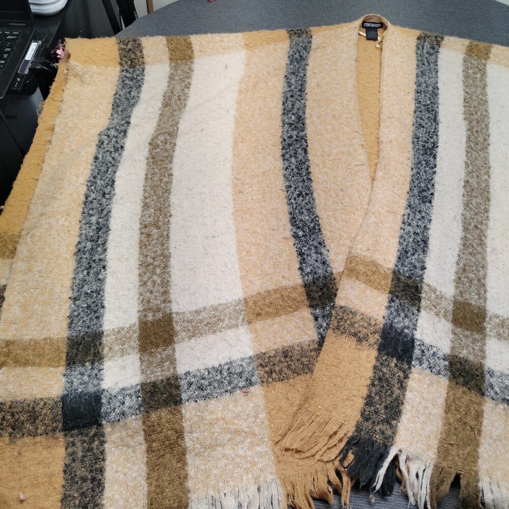 Steve Madden Plaid Poncho OSFM Fringe Wrap Beige Multicolor - Picture 6 of 7